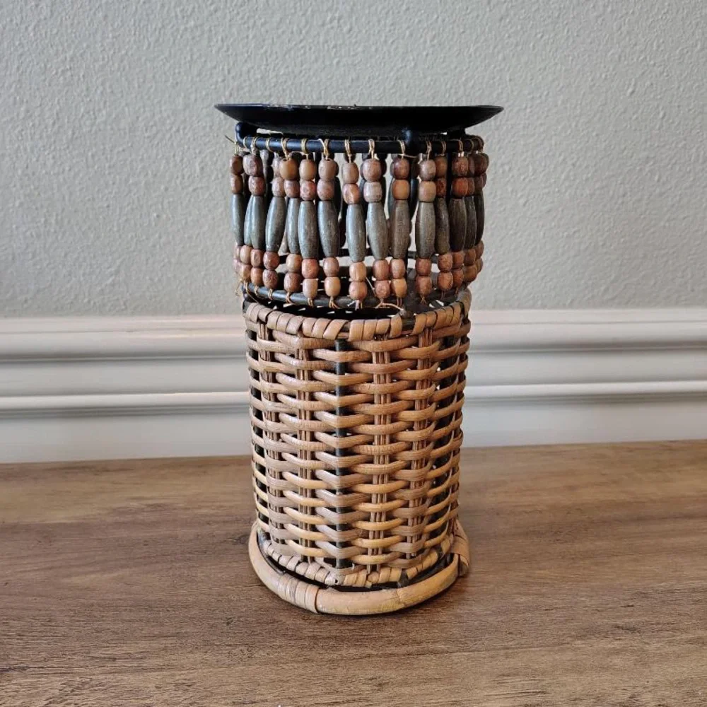 Vtg Wicker Rattan Beaded Candle Holder Metal Frame Boho Home Decor 9”
